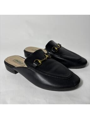 Black Leather Horsebit Mule Loafers Vintage Slip On Flats Size 35